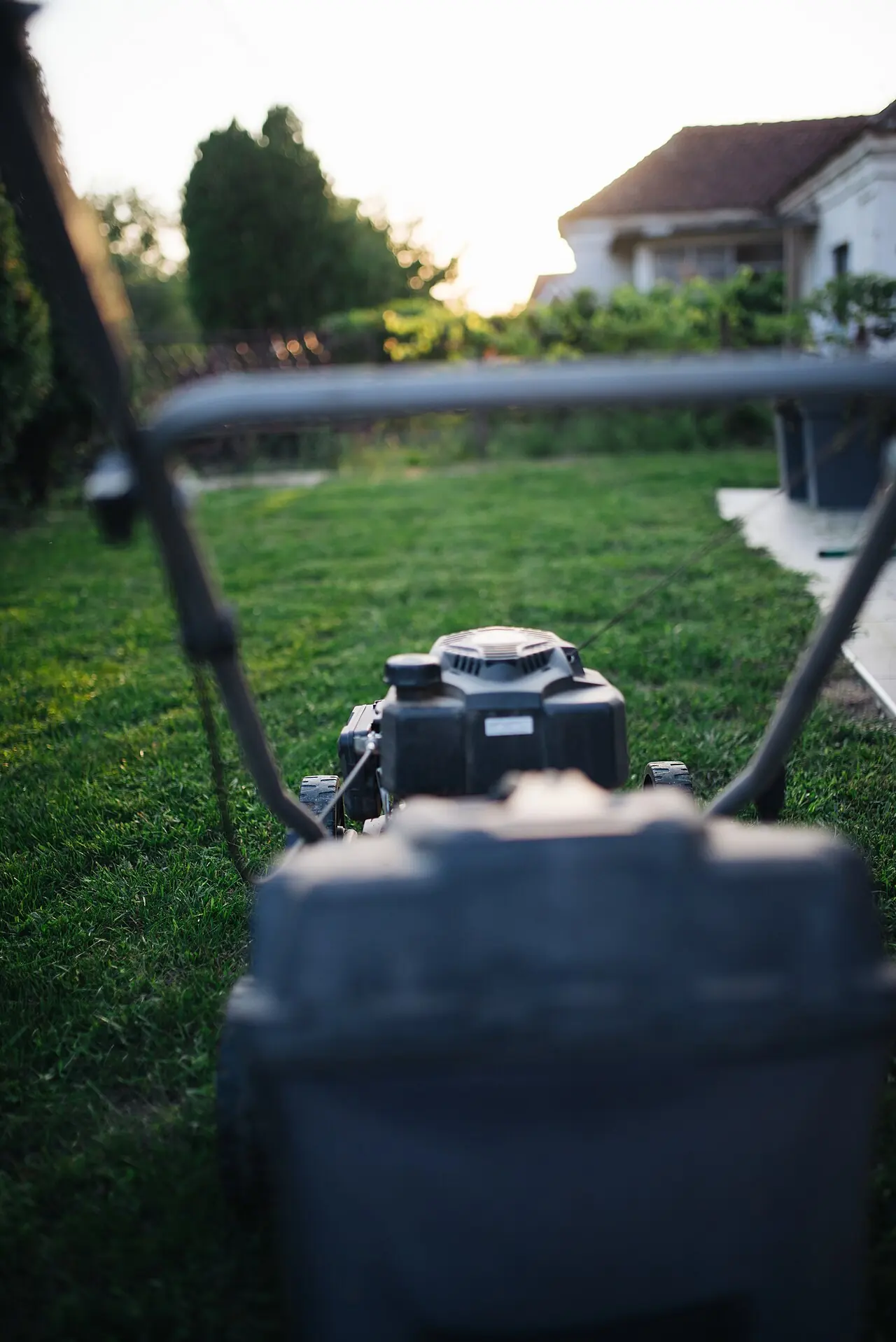 A mower on a residential lawn with a house in the background at sunset.