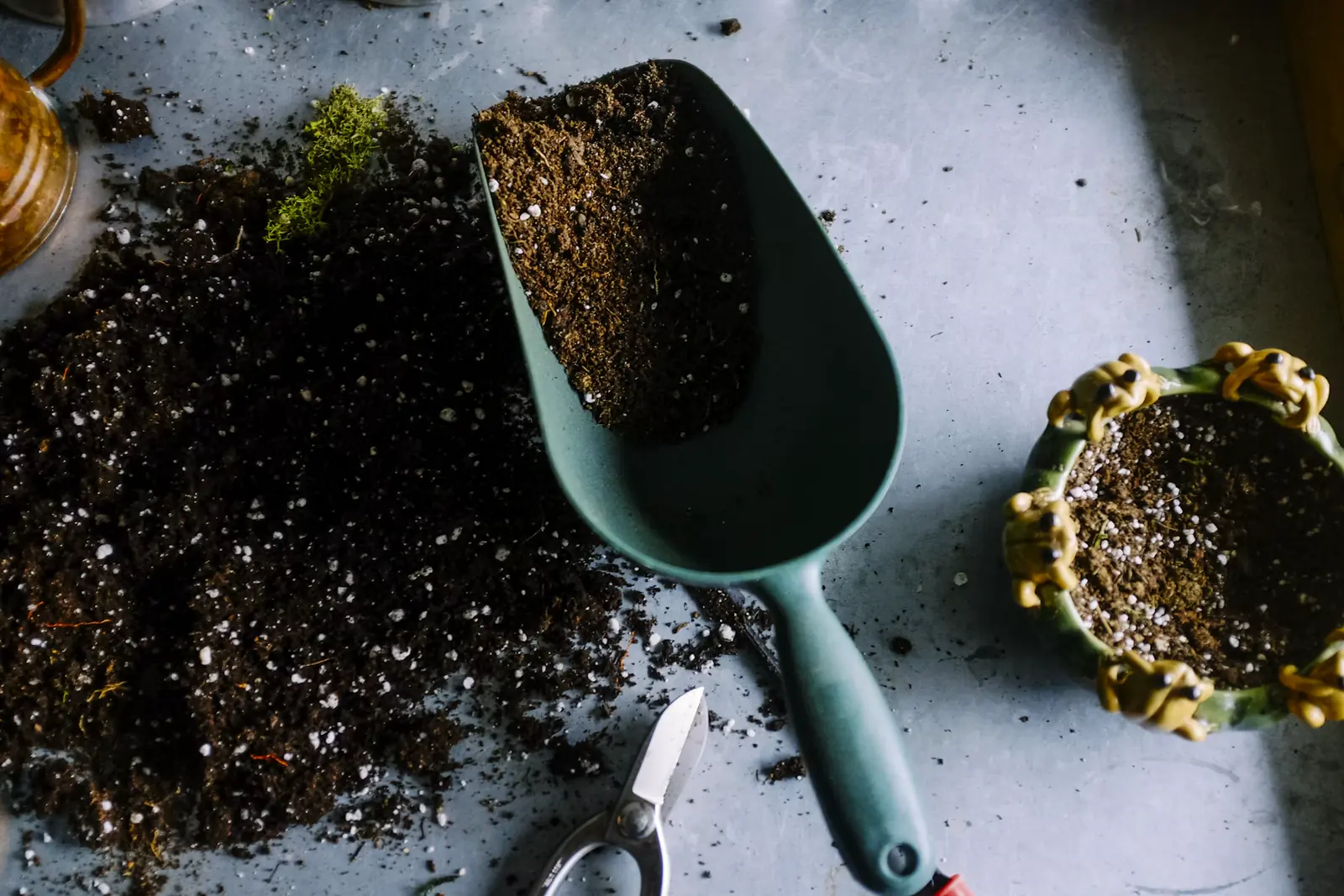 Potting soil, a scoop, and hand pruners on a work surface.